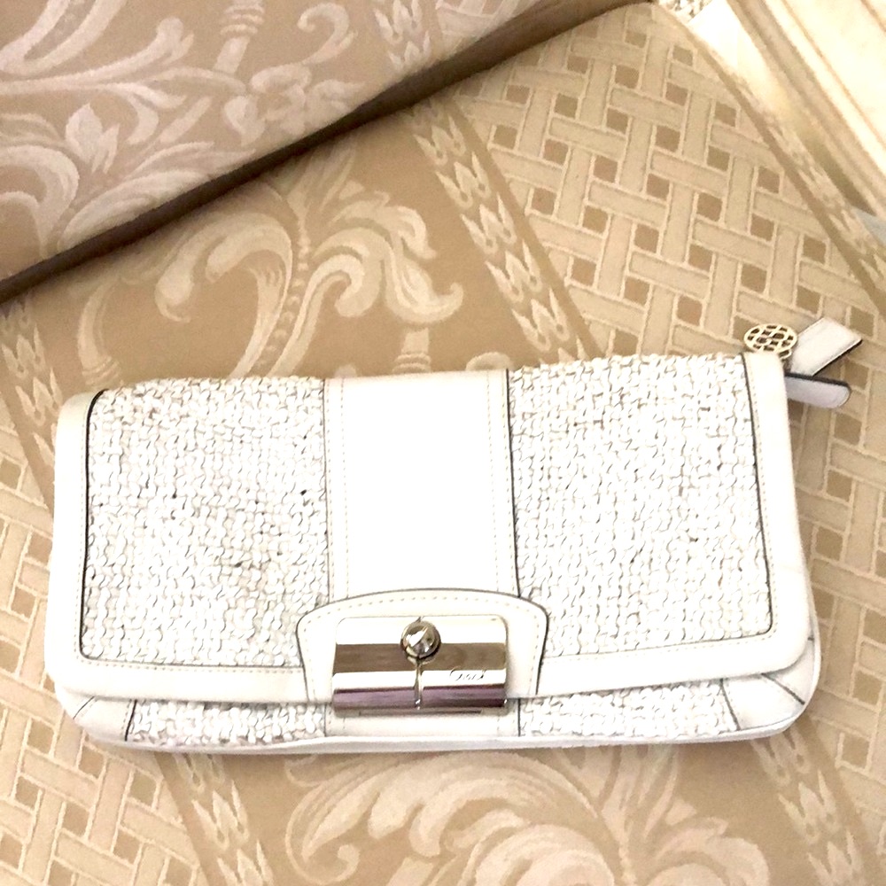 Coach White Clutch 14”W 7 1/2”L Magnetic Closure, Pink Interior